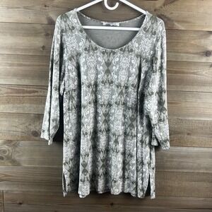 Rose + Olive Womens Shirt 3/4 Sleeve Scoop Neck Textured Scroll Floral Green 1X